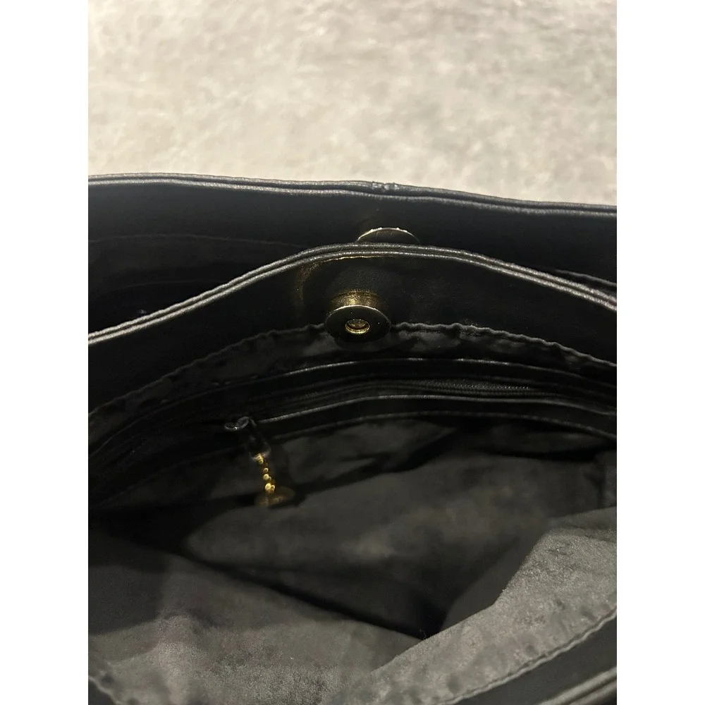 Vintage Black Leather Shoulder Bag Minimalist Hobo Purse Gold Hardware Trim